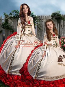 Charming White And Red Organza and Taffeta Lace Up Quinceanera Dress Long Sleeves Brush Train Embroidery and Ruffles