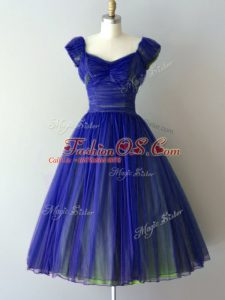 Luxury V-neck Cap Sleeves Lace Up Quinceanera Court of Honor Dress Royal Blue Chiffon
