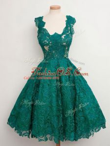 Designer Knee Length Dark Green Quinceanera Court of Honor Dress Lace Sleeveless Lace