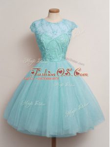 Aqua Blue Cap Sleeves Tulle Lace Up Bridesmaids Dress for Prom and Party and Wedding Party