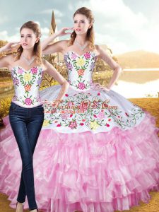 Amazing Rose Pink Two Pieces Embroidery and Ruffled Layers 15th Birthday Dress Lace Up Organza and Taffeta Sleeveless Floor Length