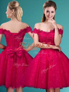 Dazzling Red Cap Sleeves Knee Length Lace and Belt Lace Up Wedding Guest Dresses
