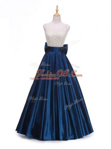 Luxury Sleeveless Floor Length Beading and Bowknot Backless Juniors Evening Dress with Navy Blue