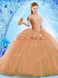 Orange Ball Gowns Organza Off The Shoulder Sleeveless Beading Lace Up Quinceanera Gowns Brush Train