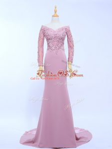 Off The Shoulder Long Sleeves Brush Train Zipper Mother Of The Bride Dress Lilac Chiffon