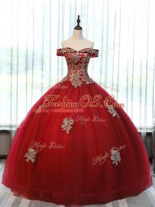 Glorious Wine Red Ball Gowns Beading and Appliques Quinceanera Gowns Lace Up Tulle Sleeveless Floor Length