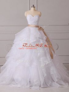 Pretty White Sweetheart Lace Up Beading and Ruffles and Sashes ribbons Wedding Dresses Brush Train Sleeveless