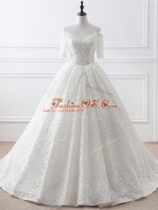 Affordable White Lace Up Bridal Gown Lace and Appliques Half Sleeves Brush Train