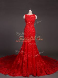 Custom Design Court Train Mermaid Evening Wear Red Scoop Lace Sleeveless Backless