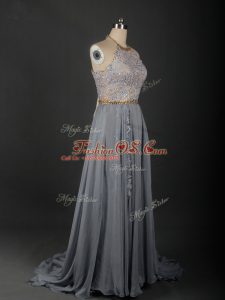 Empire Sleeveless Grey Prom Dress Brush Train Lace Up