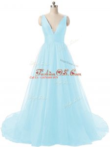 Chic Aqua Blue Sleeveless Brush Train Ruching Prom Party Dress