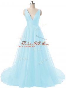 Chic Aqua Blue Sleeveless Brush Train Ruching Prom Party Dress