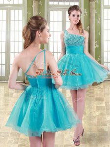 Beautiful Mini Length Zipper Prom Dress Aqua Blue for Prom and Party and Sweet 16 with Beading