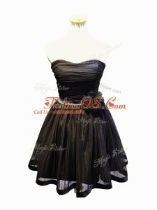 Super Sleeveless Mini Length Ruching and Bowknot and Hand Made Flower Lace Up Prom Gown with Black