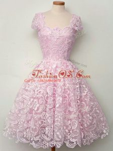 Suitable Lace Bridesmaids Dress Lilac Lace Up Cap Sleeves Knee Length