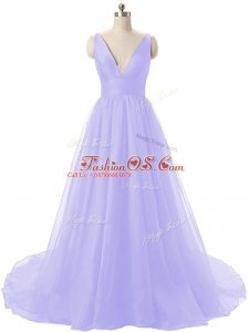 Lavender A-line Ruching Ball Gown Prom Dress Backless Organza Sleeveless