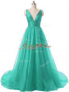 Turquoise Backless Military Ball Dresses Ruching Sleeveless Brush Train