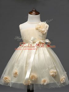 Tulle Scoop Sleeveless Zipper Hand Made Flower Little Girls Pageant Gowns in Champagne