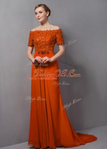 Short Sleeves Chiffon Sweep Train Zipper Mother Of The Bride Dress in Orange with Lace