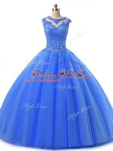 Fitting Blue Ball Gowns Tulle Scoop Sleeveless Beading and Lace Floor Length Lace Up Vestidos de Quinceanera