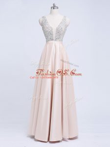 Sweet Sleeveless Floor Length Beading and Belt Backless Evening Dress with Champagne