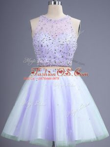 Chic Lavender Tulle Lace Up Bridesmaid Gown Sleeveless Knee Length Beading