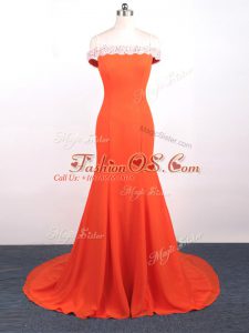 Latest Orange Red Mermaid Lace and Appliques Formal Evening Gowns Side Zipper Chiffon Sleeveless