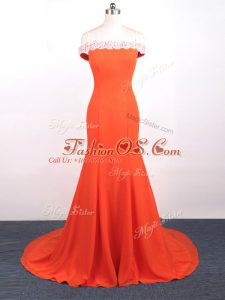 Latest Orange Red Mermaid Lace and Appliques Formal Evening Gowns Side Zipper Chiffon Sleeveless