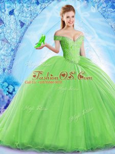 Discount Organza Sleeveless Quinceanera Gowns Brush Train and Beading