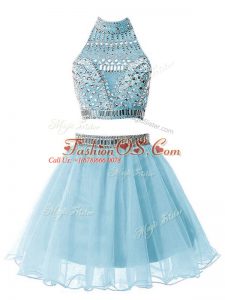 Unique A-line Vestidos de Damas Light Blue High-neck Organza Sleeveless Knee Length Zipper