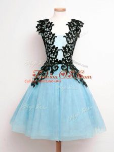 Classical Aqua Blue Tulle Lace Up Damas Dress Sleeveless Knee Length Lace