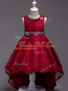 Wine Red Lace Up Little Girls Pageant Dress Beading Sleeveless High Low
