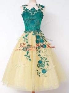 Most Popular Sleeveless Lace Up Knee Length Appliques Quinceanera Court Dresses