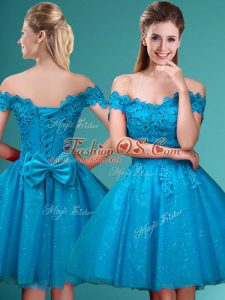 Clearance Off The Shoulder Cap Sleeves Bridesmaid Dress Knee Length Lace and Belt Aqua Blue Tulle