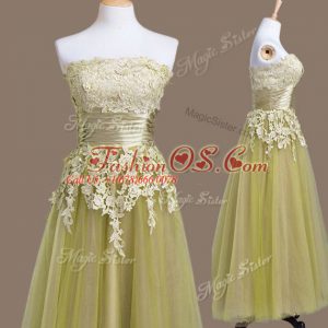 Strapless Sleeveless Lace Up Bridesmaid Dresses Olive Green Tulle