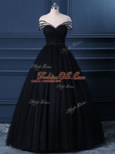 Floor Length Side Zipper Evening Outfits Black for Prom and Party with Beading