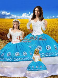 Blue And White Quince Ball Gowns Military Ball and Sweet 16 and Quinceanera with Embroidery Off The Shoulder 3 4 Length Sleeve Lace Up