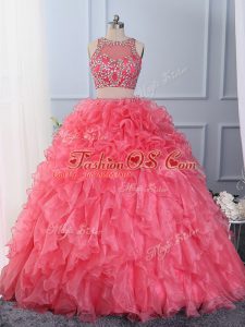 Sleeveless Floor Length Beading and Ruffles Lace Up Quince Ball Gowns with Hot Pink