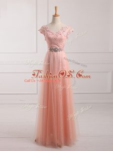 Short Sleeves Tulle and Lace Floor Length Lace Up Mother Of The Bride Dress in Peach with Beading and Lace and Appliques