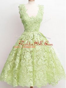 Chic Straps Sleeveless Wedding Party Dress Knee Length Lace Yellow Green Lace