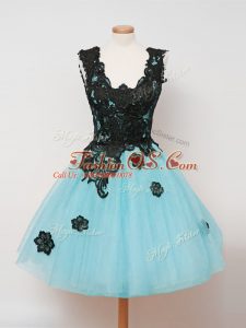 Sleeveless Tulle Knee Length Zipper Wedding Guest Dresses in Aqua Blue with Lace