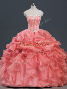 Custom Designed Watermelon Red Sleeveless Organza Lace Up Ball Gown Prom Dress for Sweet 16 and Quinceanera