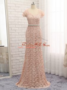 Custom Designed Peach Column/Sheath Beading and Belt Mother Of The Bride Dress Zipper Lace Cap Sleeves Floor Length