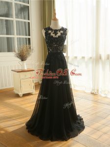 Black Sleeveless Lace and Appliques Floor Length Celebrity Prom Dress