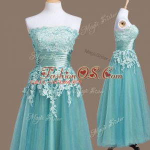 Pretty Light Blue Strapless Neckline Appliques Bridesmaid Dresses Sleeveless Lace Up
