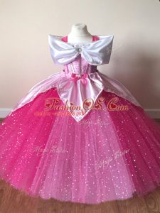 Fuchsia Ball Gowns Sequins Pageant Gowns For Girls Zipper Tulle Short Sleeves Floor Length
