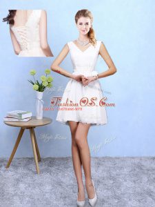 On Sale White A-line Chiffon V-neck Sleeveless Lace Mini Length Lace Up Bridesmaid Gown