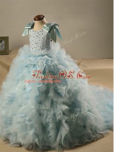 Admirable Light Blue Pageant Gowns For Girls Tulle Brush Train Sleeveless Beading and Ruffles and Bowknot