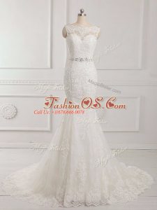 Brush Train Mermaid Wedding Gown White Scalloped Tulle Sleeveless Backless