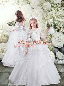 Modern White Tulle Lace Up Flower Girl Dresses for Less Half Sleeves Brush Train Lace and Ruffles